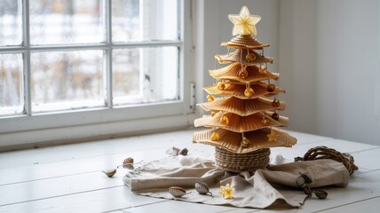 Editorial DIY holiday vignette featuring tiered tree styling, cozy living room decor, and festive tabletop charm.