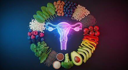 Nourish your reproductive health with a vibrant circle of whole foods supporting the glowing female reproductive system