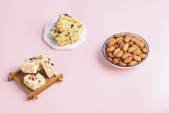 Almonds and Granola Cereal Bars - Healthy Snack Food Flat Lay