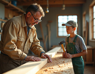 Carpenter teaches boy woodworking in workshop. Man explains carpentry techniques, mentors apprentice. Child watches wood processing. Instructor shares skills. Woodwork training helps future