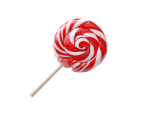 A red and white swirly lollipop on a wooden stick on transparent background