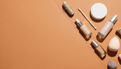 Cosmetics and beauty products arranged on an orange background, top view, minimal flatlay