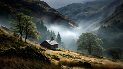Morning mist drifting over secluded valley with lone cabin below 
