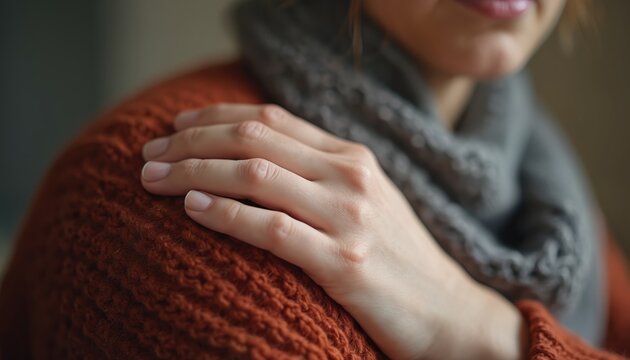 Gentle hand on shoulder conveys support. Woman shows care affection or compassion. Hand touches person shoulder. Comfort support concept in photo. Human friendship assistance concept. - Powered by Adobe