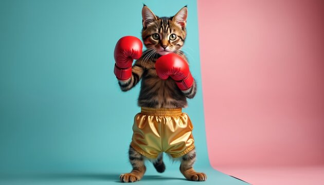 Tabby cat stands in boxing stance wearing red gloves and gold shorts. Animal poses with determined look, ready for fight. Pet wears sporty outfit, bright background. - Powered by Adobe