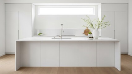 Modern minimalist kitchen interior design with white island, sink, and leafy plant creating a clean, bright, and contemporary home environment for cooking.