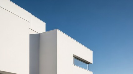 Modern white building facade with clean geometric lines against clear blue sky. Contemporary architecture corner view featuring window and sharp angles