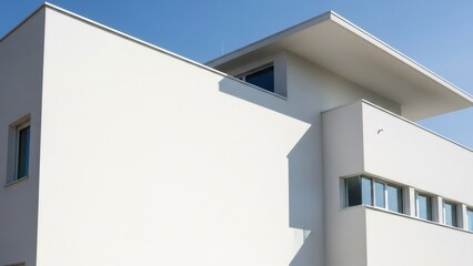 Modern white building with minimalist architecture and sharp lines under a clear blue sky. Contemporary design for residential or commercial property development.