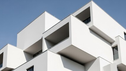 Modern building with geometric lines and white facade. Abstract architecture with sharp angles and clear blue sky backdrop. Contemporary design for residential complex.