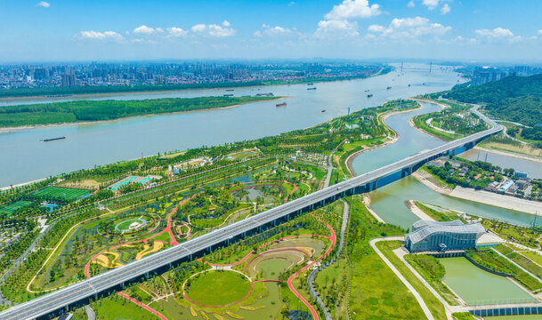 Ezhou Fankou Park Aerial Panorama - Modern Park and River Landscape