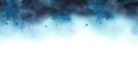 Abstract night sky blue watercolor washes background. Gradient paint stain texture. Artistic winter forest or frosty nature concept for greeting card. Hand drawn seamless border pattern illustration