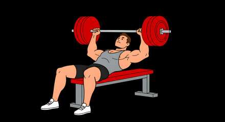 Illustrated man performing bench press with barbell for strength training