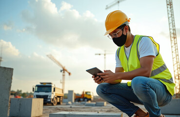 Young asian engineer in hard hat works with tablet on construction site. Man in safety vest, mask manages building project. Supervisor checking work progress on pad. Civil architect inspects