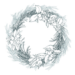 A classic, minimalist round wreath of pine branches with snowberries. A hand-drawn monochrome line art graphic illustration with pen and ink. A Christmas, winter, New Year s frame with a text template