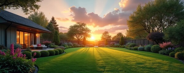 Modern home large green lawn in backyard. Sunrise sunset light beams on freshly cut grass. Rich garden landscaping with colorful flowers, patio with outdoor sofa near house. Peaceful morning evening