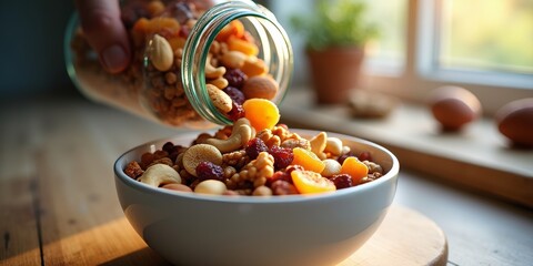 Slow motion pouring of colorful nuts and dried fruits mix into white bowl, healthy snack concept