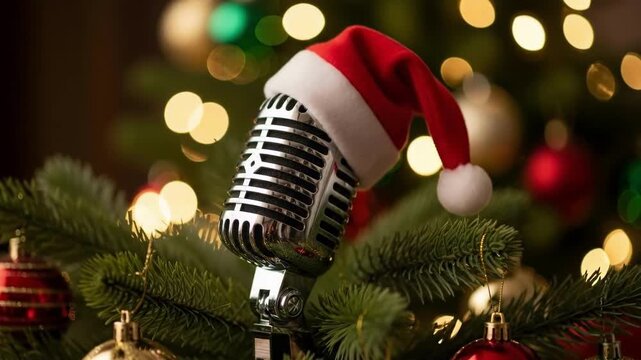 Vintage microphone with Santa hat on Christmas tree. Holiday karaoke and festive party music concept for seasonal celebration.