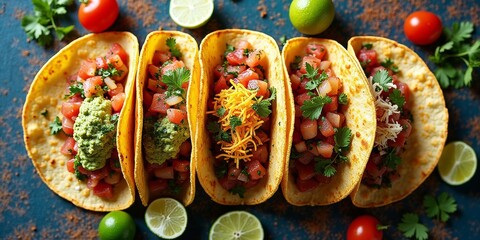 Overhead view of assorted Mexican tacos with vibrant colorful toppings on rustic background