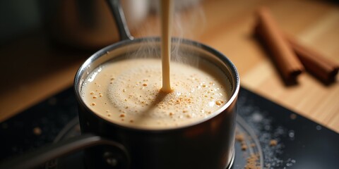 Close-up of evening ashwagandha latte with frothed milk, cinnamon and creamy texture in saucepan