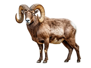 A majestic ram with large curved horns stands proudly on transparent background