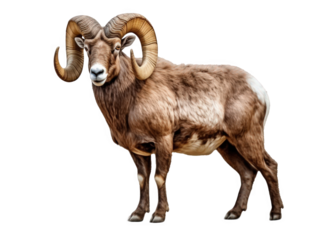 A majestic ram with large curved horns stands proudly on transparent background