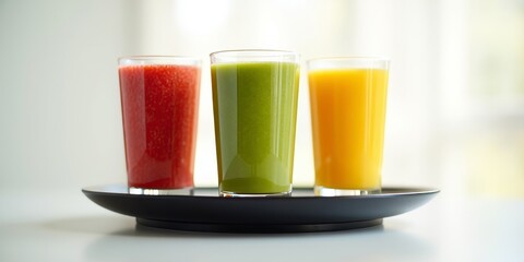 Colorful fruit smoothies in three glasses on a rotating black turntable with natural light