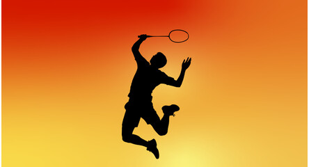Silhouette of Badminton Player Jumping to Smash Shuttlecock Against Vibrant Sunset Sky