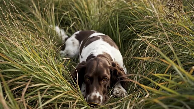 A springer spaniel dog in tall grass following a command to lie down, a hunting breed training footage.