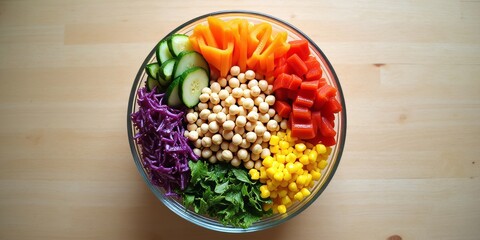 Rainbow salad in glass bowl overhead showcasing fresh colorful vegetables and chickpeas on light wooden table