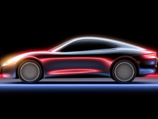 Abstract close up of a sleek sports car silhouette with smooth aerodynamic lines and vibrant lighting effects, showcasing modern design and innovation in automotive engineering