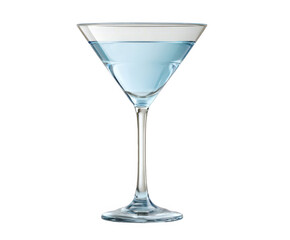 A martini glass filled with a blue cocktail on transparent background