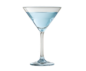 A martini glass filled with a blue cocktail on transparent background