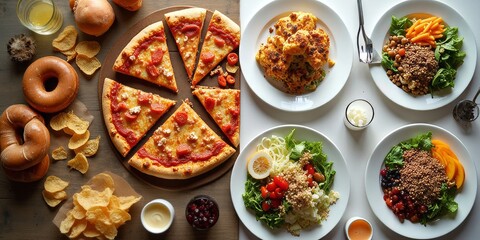 Top view contrasting food table with indulgent fast food versus fresh healthy salads and grains split composition
