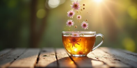 Passionflower herbal tea with blooming dried petals in clear glass cup on rustic wooden table