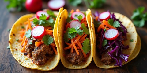 Overhead view of three vibrant Mexican tacos with colorful fresh toppings on rustic wooden table
