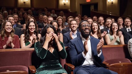 A diverse audience in a vibrant theater enjoying a live show filled with genuine laughter enthusiastic applause and shared joy during an engaging performance