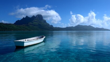 A serene boat floats on crystal clear water under a bright blue sky. Lush green mountains rise majestically in the background. This image captures the tranquility of nature. AI