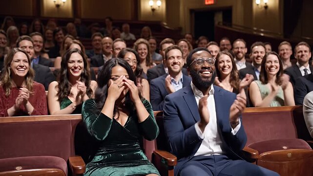 A diverse audience in a vibrant theater enjoying a live show filled with genuine laughter enthusiastic applause and shared joy during an engaging performance