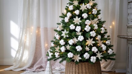 Editorial snowy festive vignette featuring soft white decorations, neutral tones, and cozy indoor light near sheer curtains and paneled walls.