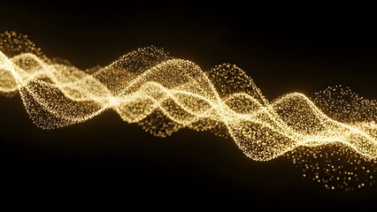 Abstract golden particle wave dynamic flow with glowing light effect on black background for futuristic design and technology concept