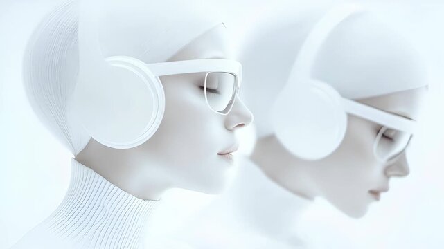 Woman with closed eye in headphones and smart glasses, creative future technology and digital fashion concept Cloud Dancer Color of the Year 2026