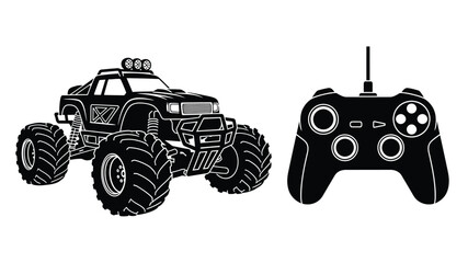 A black and white illustration of a monster truck and its remote control © Tutul
