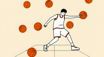 Illustrated male athlete practicing basketball with multiple balls on court