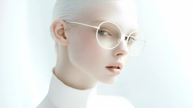 Woman with futuristic white glasses, conceptualizing high-tech vision and artificial intelligence perception