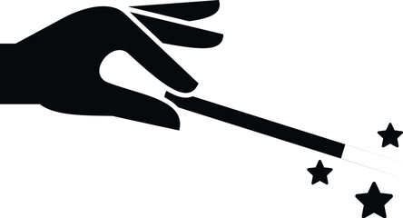 Hand silhouette holding a magic wand producing stars, representing illusion and fantasy