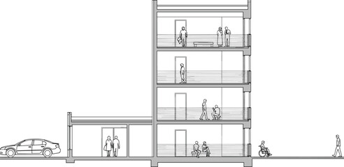 Architectural building section drawing, detailed multi-story structure, human activity illustration, urban design plan, technical elevation sketch, modern architecture blueprint with people