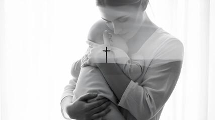 Woman holding baby with cross overlay. Religious family bond concept for Christian values and blessed life. Motherhood spiritual love. - Powered by Adobe