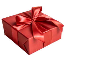A vibrant red gift box, meticulously wrapped with a lustrous satin ribbon and bow, ready to convey heartfelt sentiments for any memorable occasion or joyous celebration