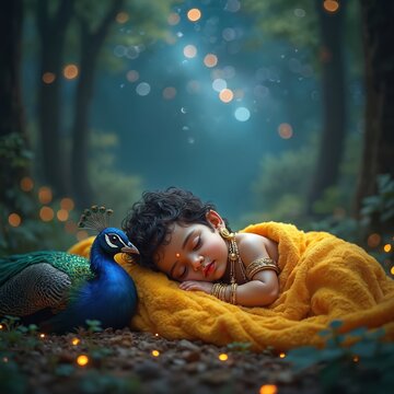 Cute sleeping baby god rests peacefully in serene forest. Lord Murugan, adorned with golden jewelry, lies on soft yellow blanket next to beautiful peacock. Magical glowing bokeh lights softly