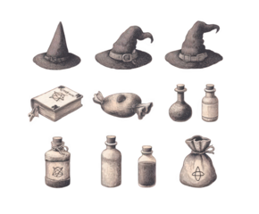 A collection of witchcraft symbols including pointed hats, spellbooks, and potion bottles, arranged on a transparent background